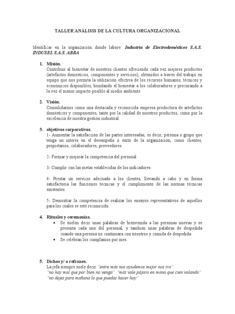 Taller Análisis de La Cultura Organizacional | PDF | Calidad (comercial ...
