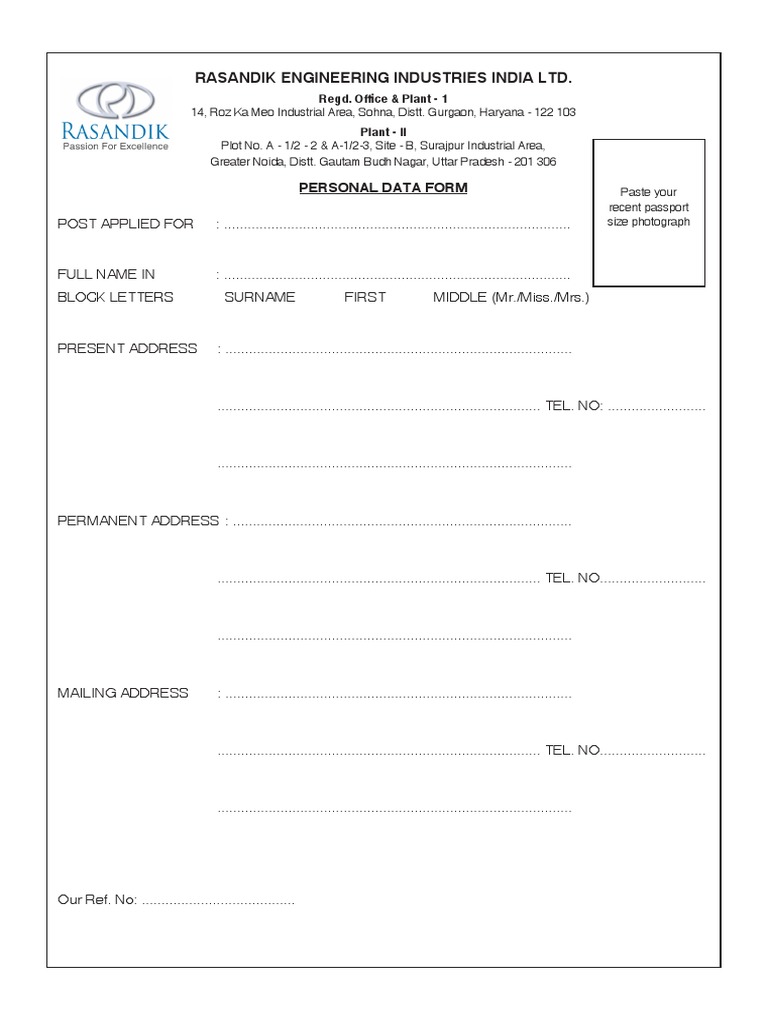Personal Data Form Employment Business