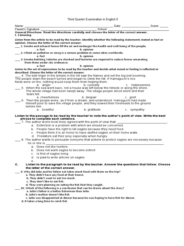 Grade 5 English 3rd Quarter Exam | PDF | Insects | Nature