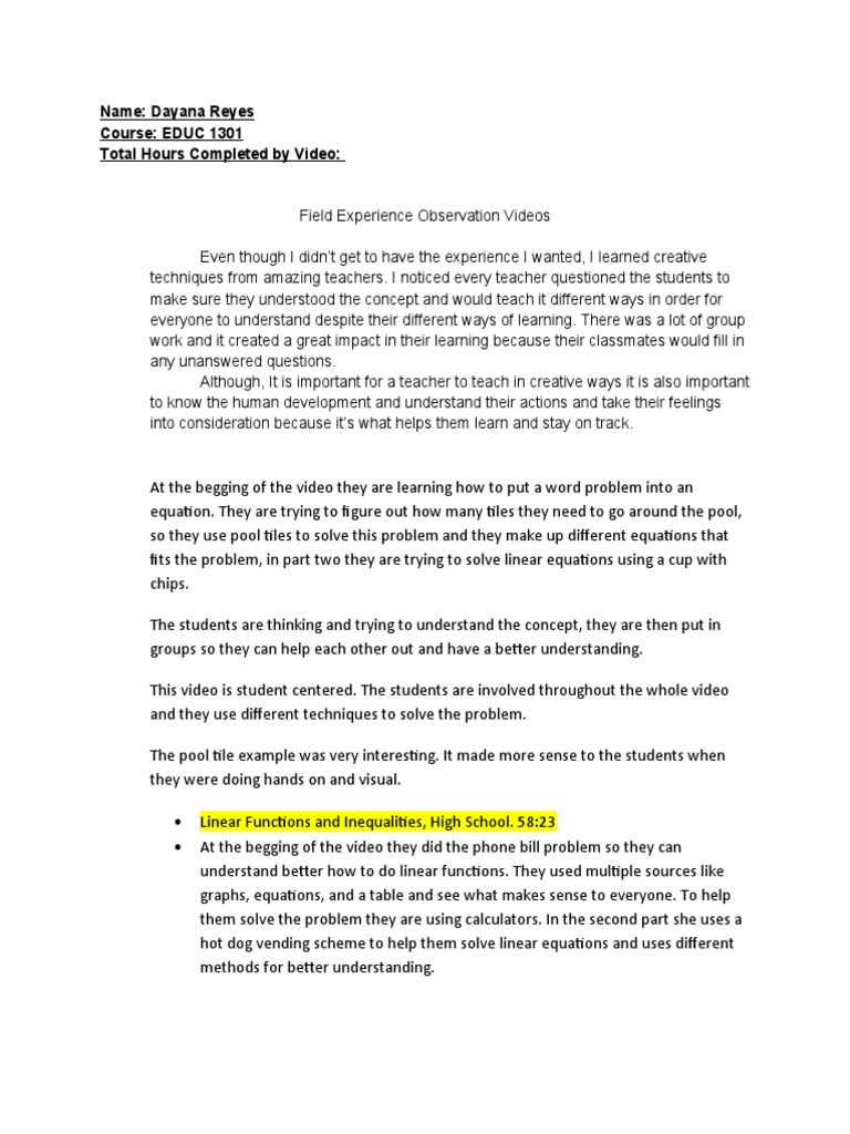 Field Experience Video Reflections Template 1 1 | PDF | Teachers ...
