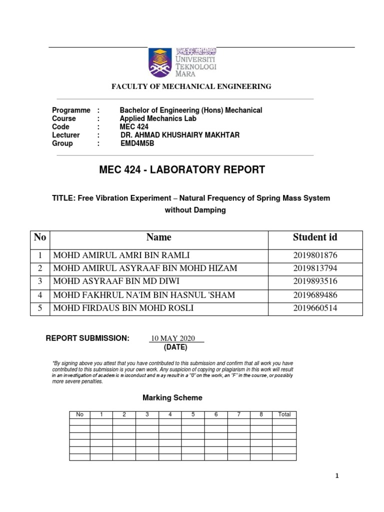 Lab Report Free Vibration Experiment Natural Frequency of Spring
