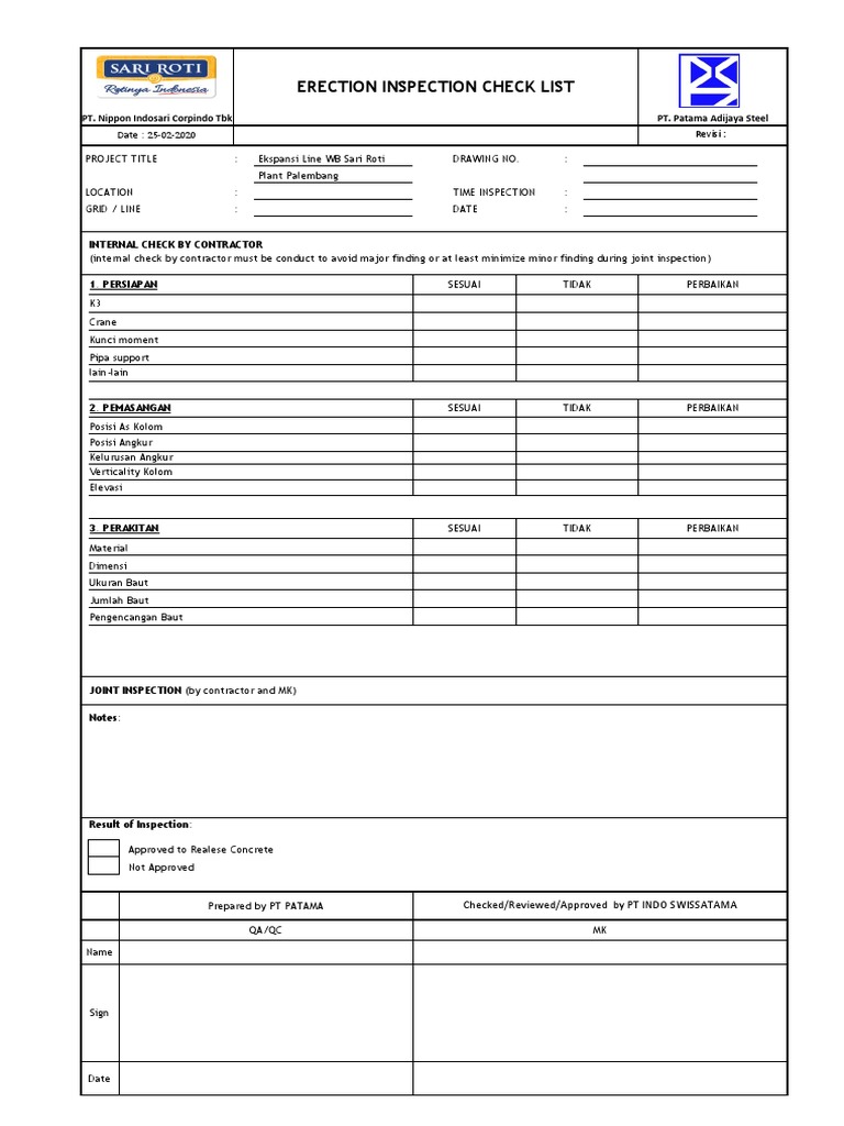 Erection Inspection Check List: PT. Nippon Indosari Corpindo TBK PT ...