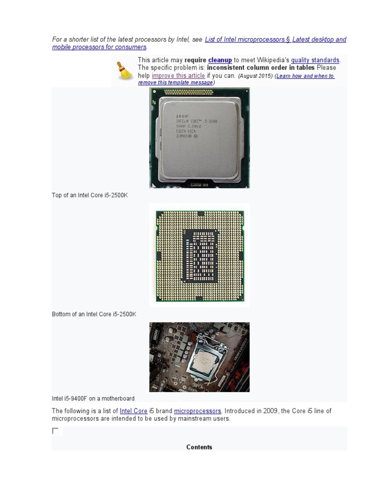 List of Intel Core I5 Microprocessors PDF Integrated Circuit X86 Architecture
