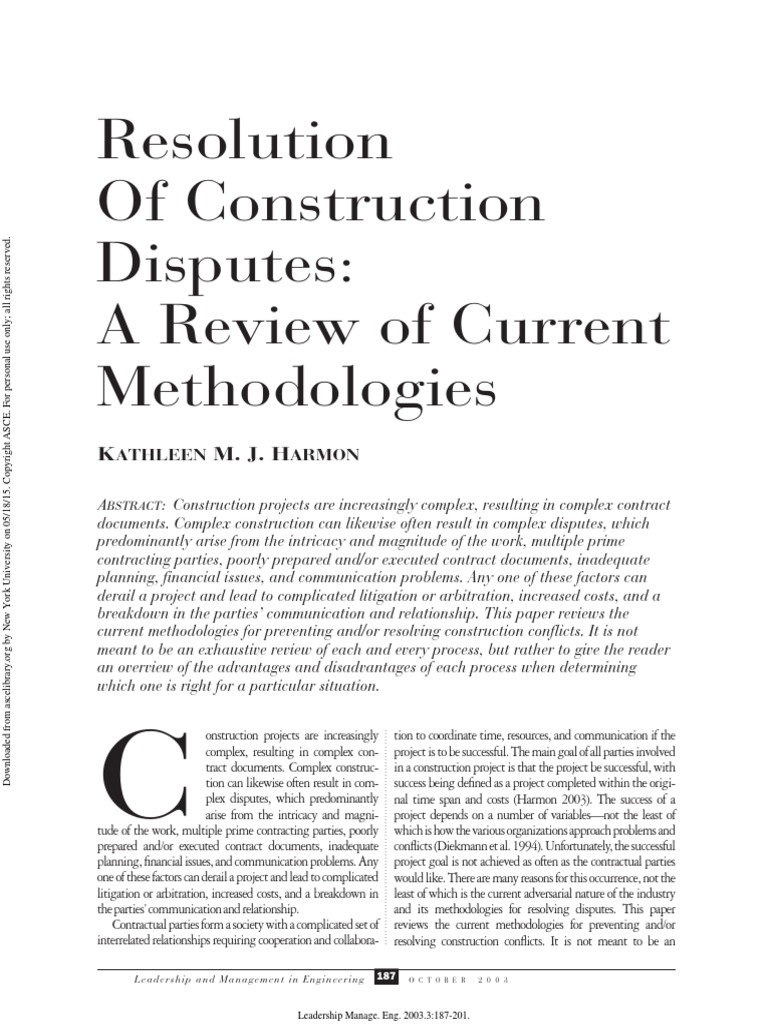 Resolution Of Construction Disputes Pdf Alternative Dispute