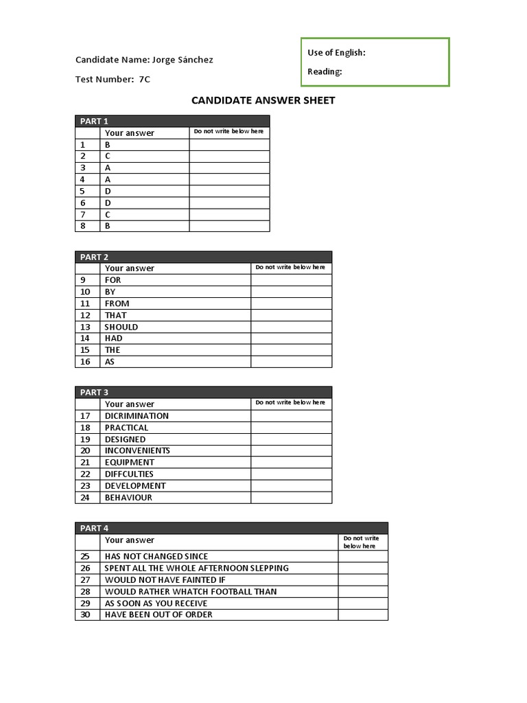 Candidate Answer Sheet: Candidate Name: Jorge Sánchez Test Number: 7C | PDF
