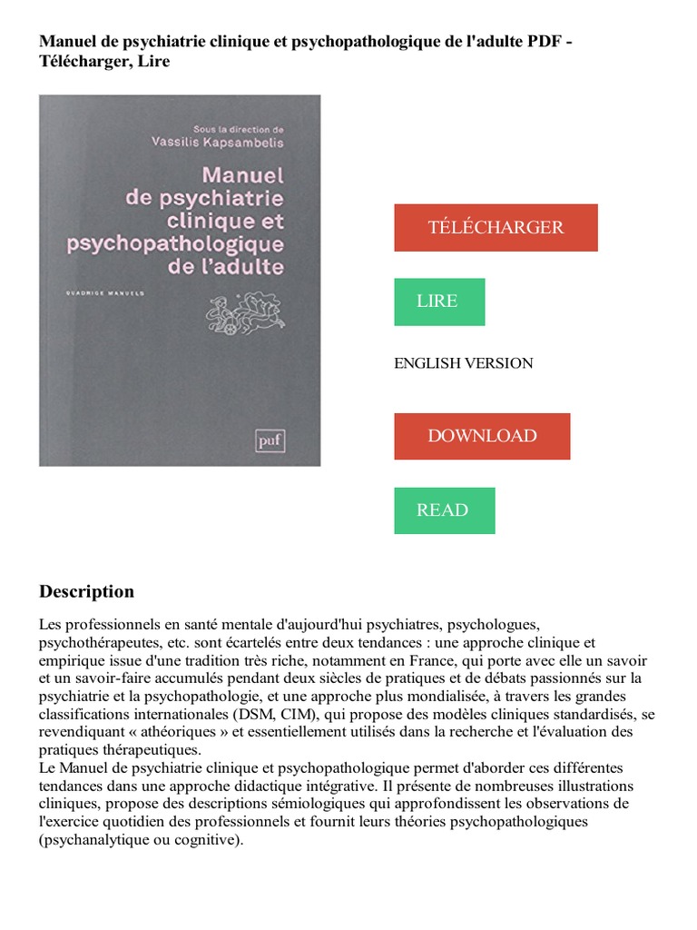 Manuel de Psychiatrie Clinique Et Psychopathologique de L'adulte PDF -  Télécharger, Lire | PDF | Psychopathologie | Psychiatrie