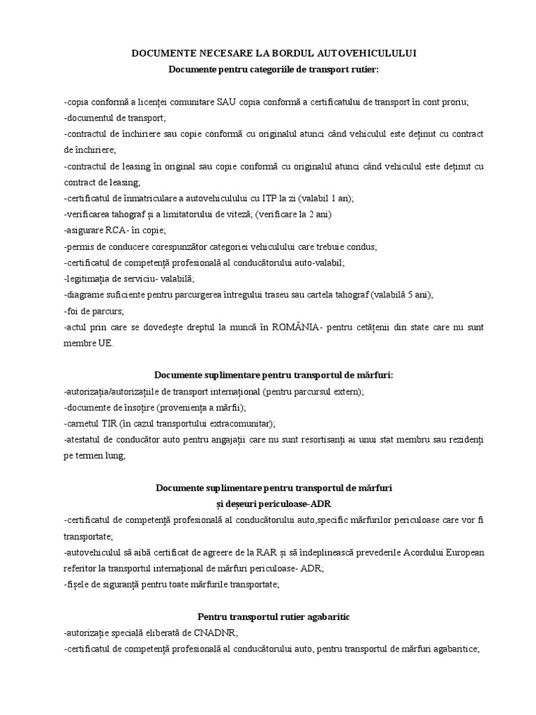 Documente Necesare La Bordul Autovehiculului | PDF