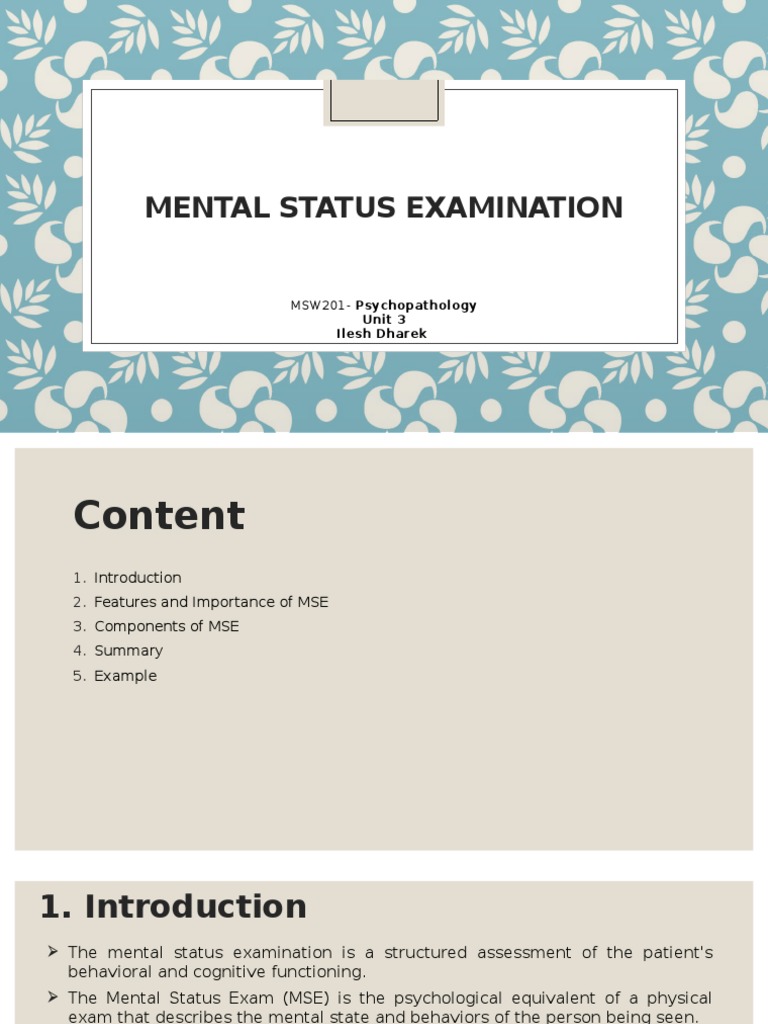 Mental Status Examination Overview | PDF | Memory | Psychiatry