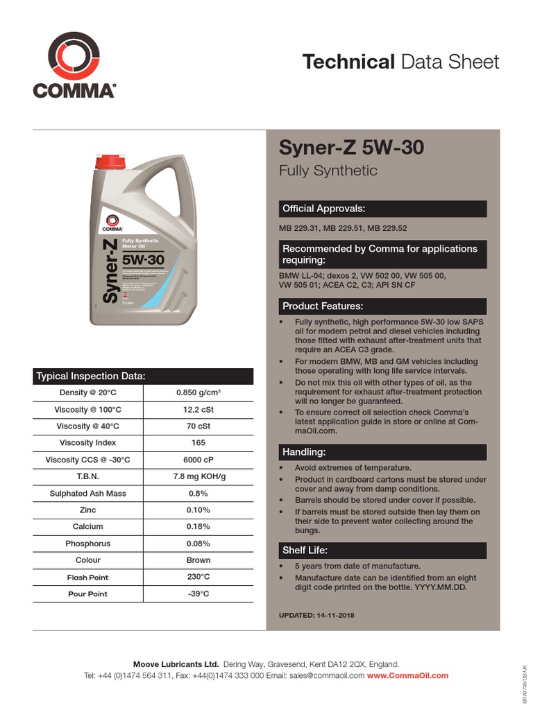Comma Syner-Z 5w30 Aceac3 | PDF | Chemical Substances | Liquids