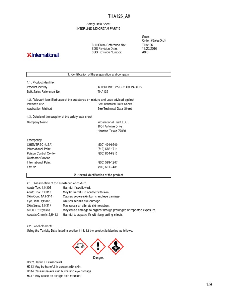 SDS Interline 925 B PDF Toxicity Dangerous Goods