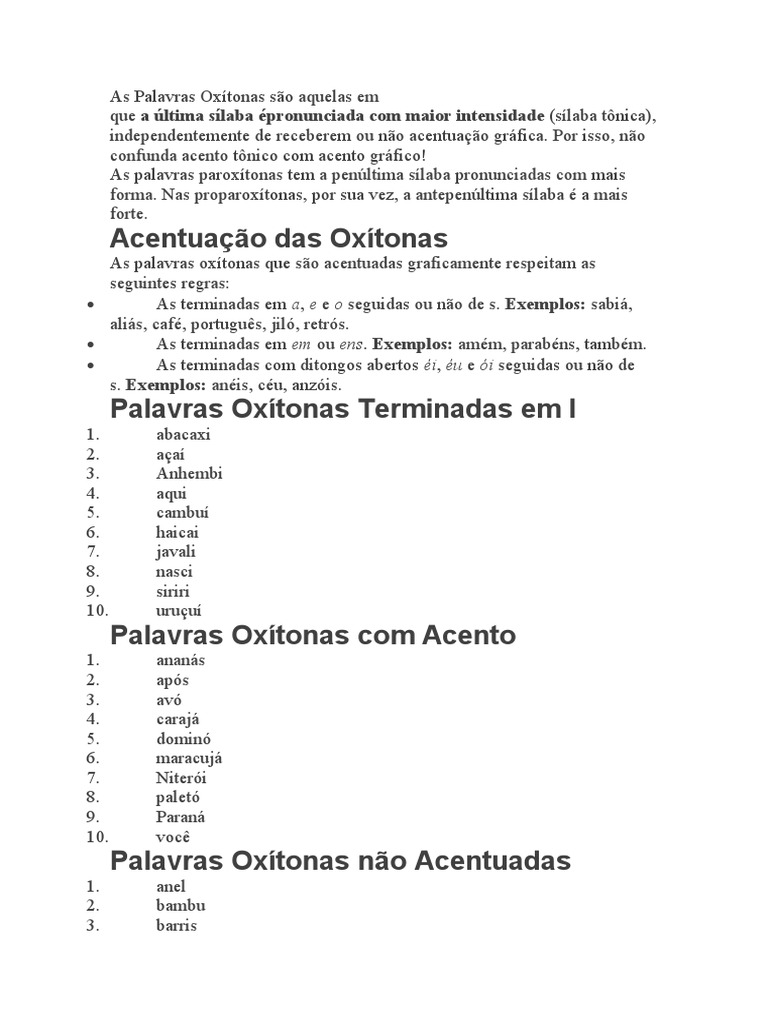 Exemplos e Regras das Palavras Oxítonas | PDF | Artes Linguísticas e ...