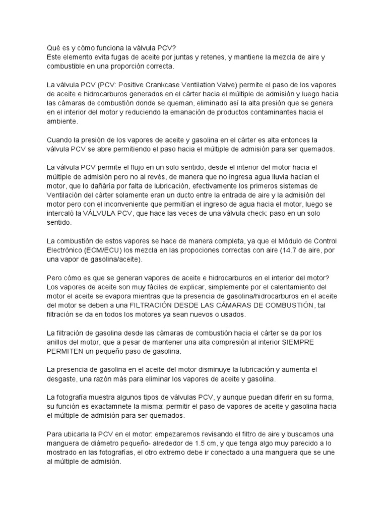 Funcionamiento y fallas de la válvula PCV | PDF | Gasolina | Hidrocarburos
