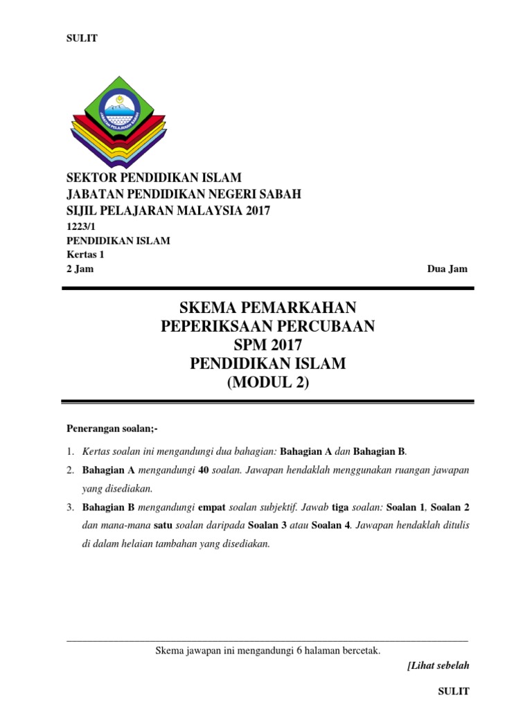 Skema Jawapan Soalan Percubaan Spm 2017 Pendidikan Islam Negeri Sabah Kertas 1 Pdf