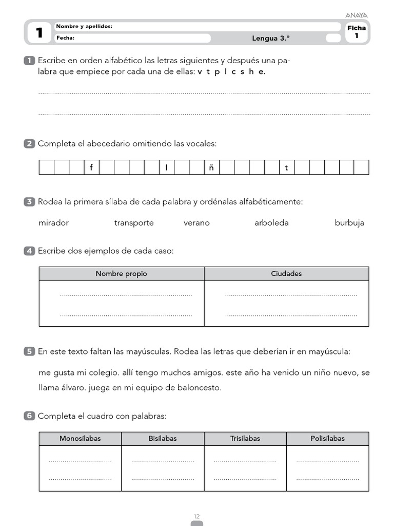 Ficha Castellano 3o Primaria Refuerzo y Ampliación | PDF