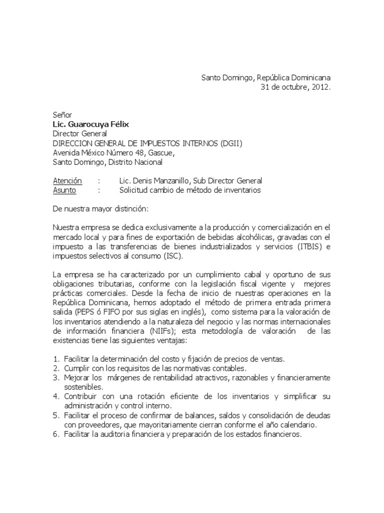 Carta De Solicitud De Cambio De Metodo De Inventarios Sarr Republica Dominicana Economias