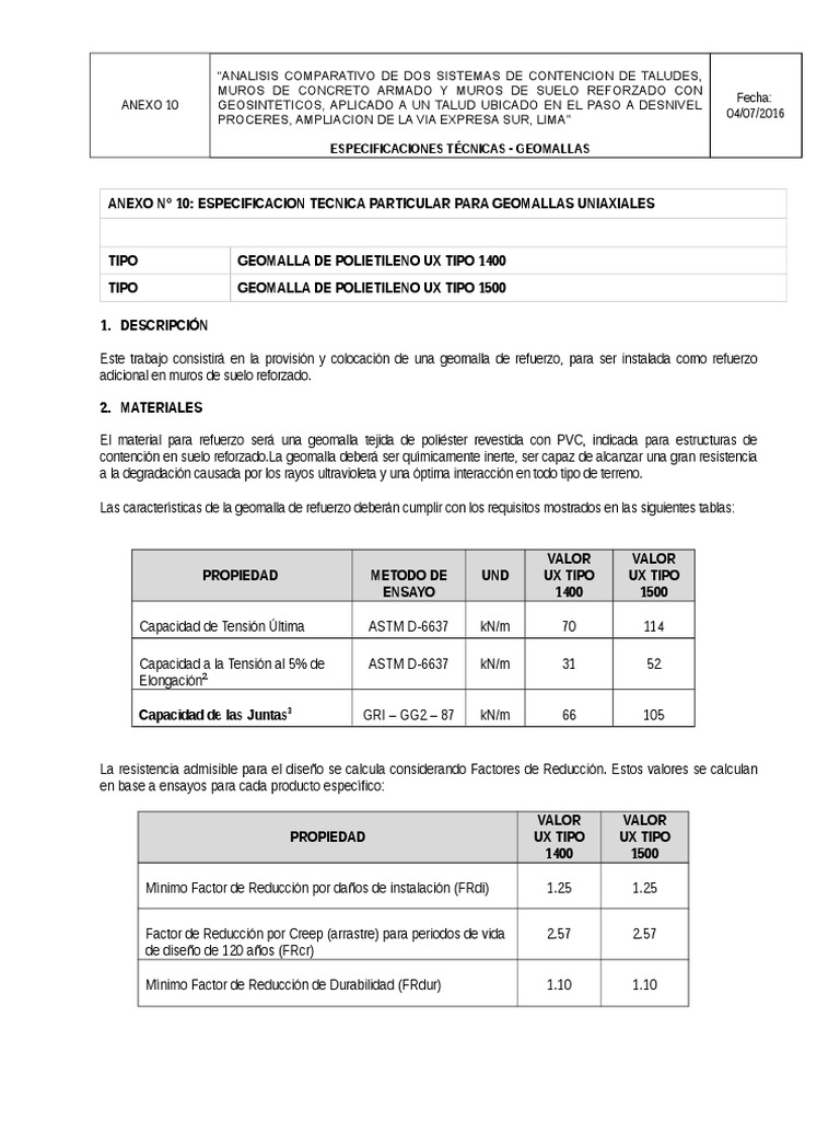 Especificaciones de Geomallas Uniaxiales | PDF | Hormigón | Materiales