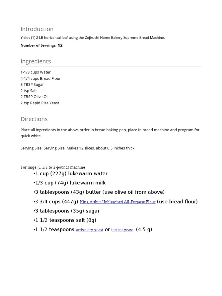 Number of Servings Yields (1) 2 LB Horizontal Loaf Using The