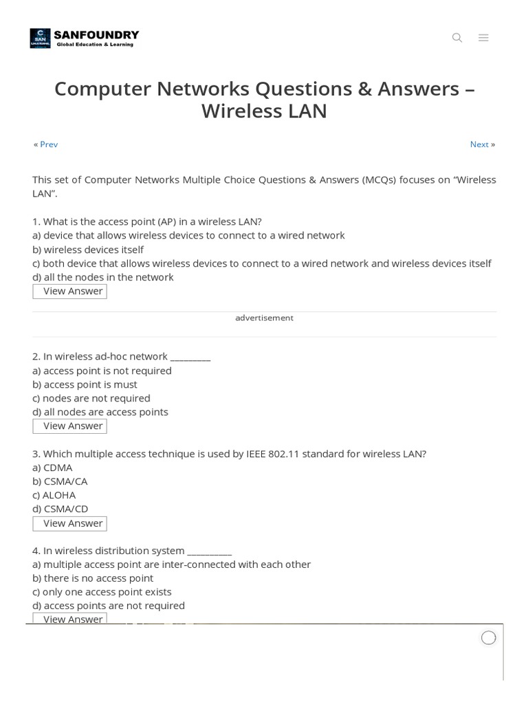 Wireless LAN Computer Networks Questions & Answers Sanfoundry1 Download Free PDF