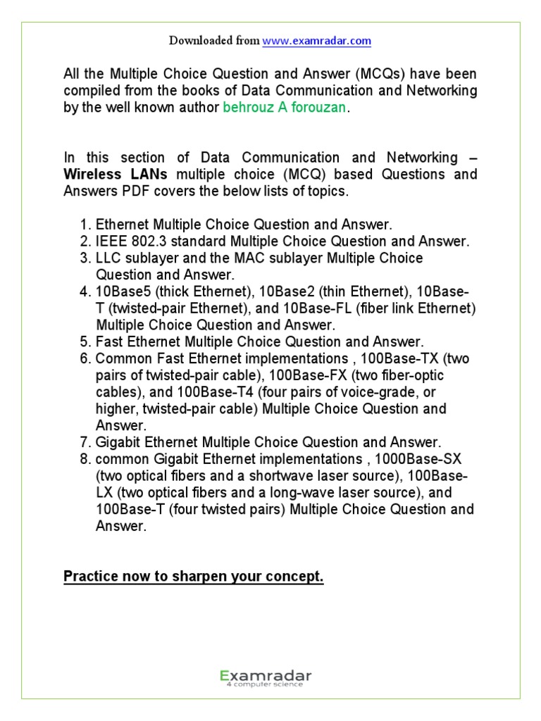 CH 14 Wireless LANs Multiple Choice Questions and Answers MCQ PDF