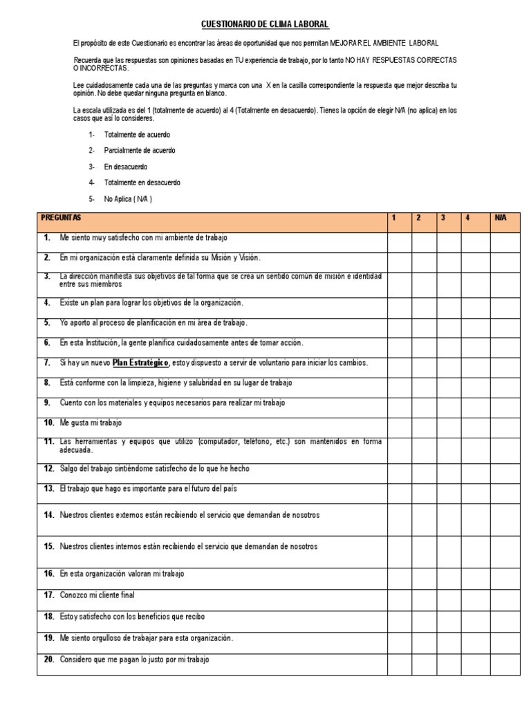 Cuestionario De Clima Laboral Pdf Planificación Business