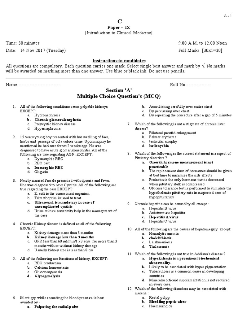 Introduction To Clinical Medicine MCQ Set A PDF Heart Hepatitis