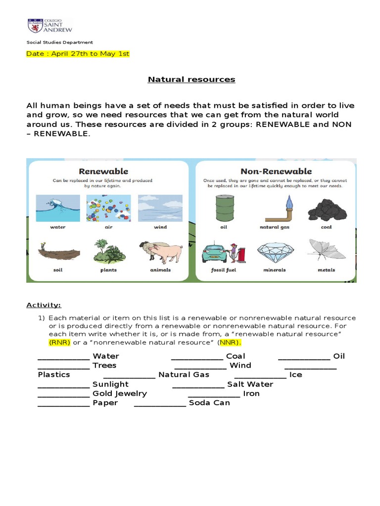 Natural Resources 1st Grade Worksheets
