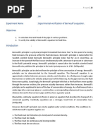 Experiment No.: 04 Experiment Name: Experimental Verification of Bernoulli's Equation. Objectives