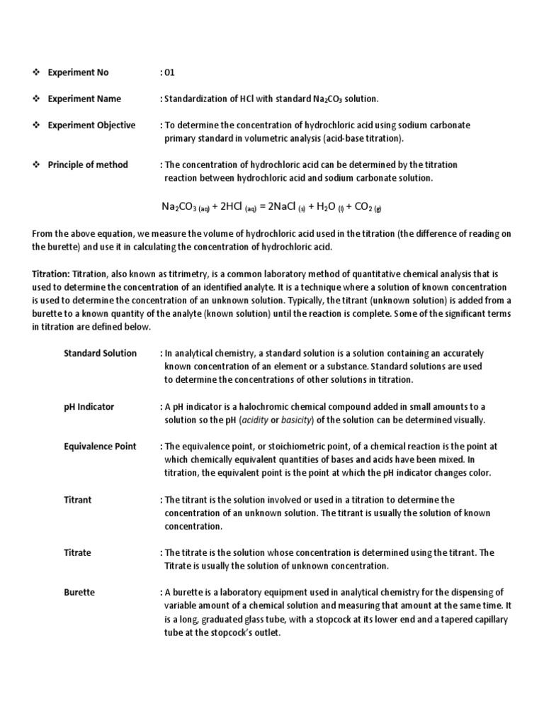 Standardization of HCl with Na2CO3 Titration PDF Titration Chemistry