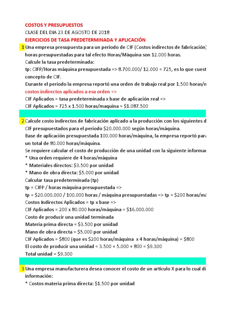 Ejercicios Costos y Presupuestos TP, Cif y Costos | PDF | Presupuesto ...