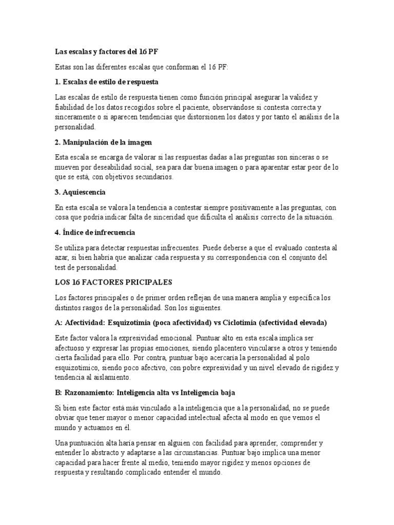 Escalas y factores del 16 PF | PDF | Inteligencia | Psicología clínica