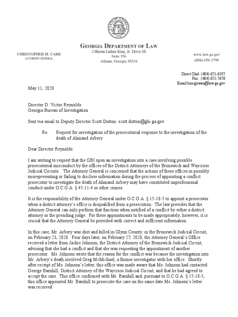Gbi Request Letter - Prosecutorial Misconduct - Arbery | PDF | District ...