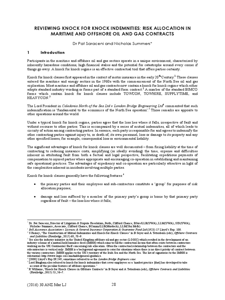 Reviewing Knock For Knock Indemnities Risk Allocation in Maritime and