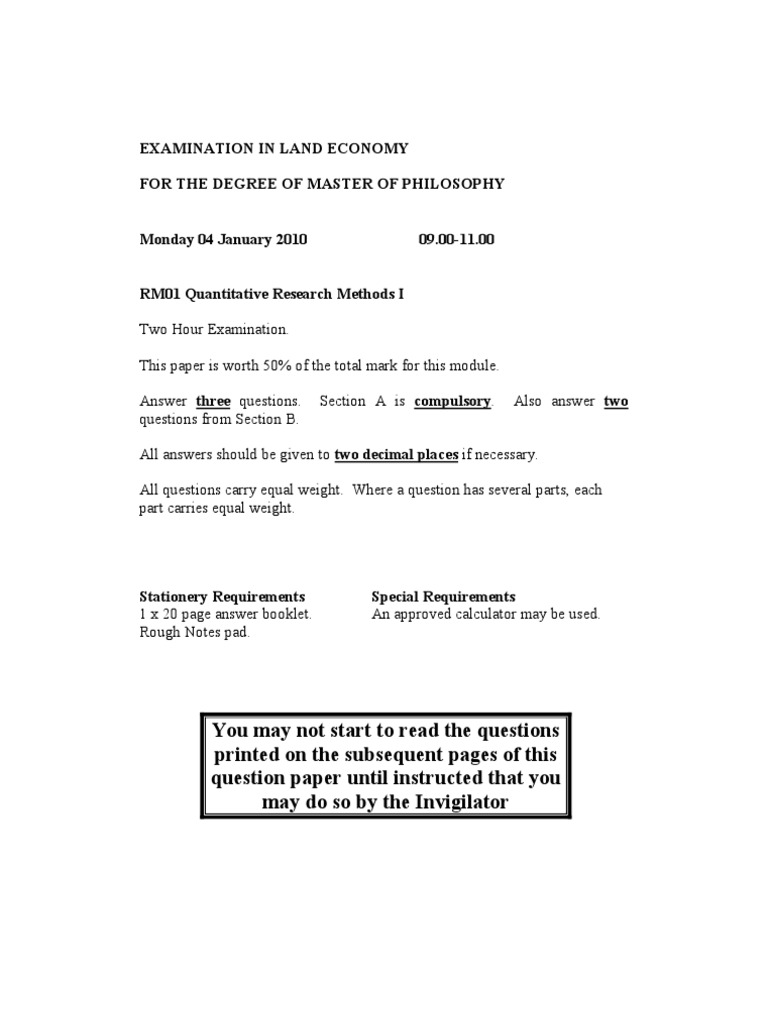 Examination in Land Economy For The Degree of Master of Philosophy PDF Errors And Residuals