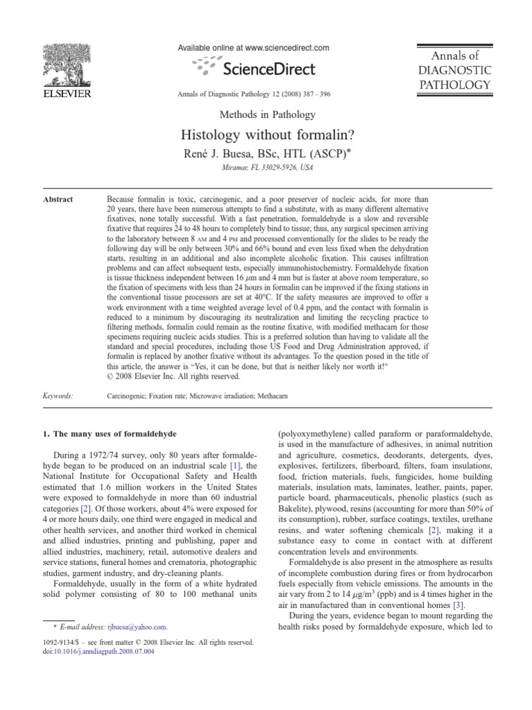 Formalin in Histology PDF Fixation (Histology) Formaldehyde