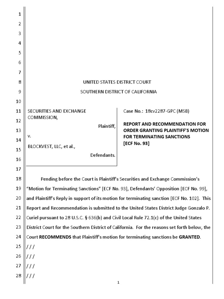 Report and For Order Granting Plaintiff S Motion For