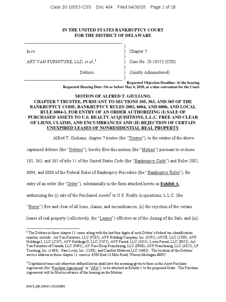 Art Van Furniture Motion PDF Bankruptcy In The United States