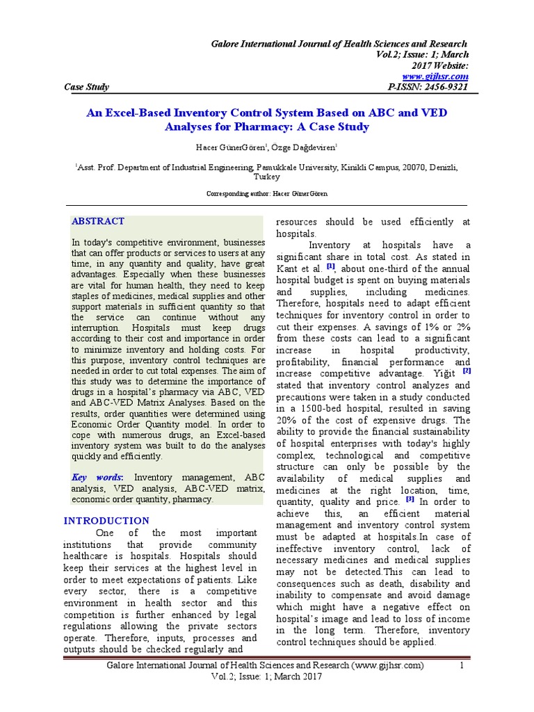 An Excel-Based Inventory Control System Based On ABC and VED Analyses For  Pharmacy: A Case Study, PDF, Inventory