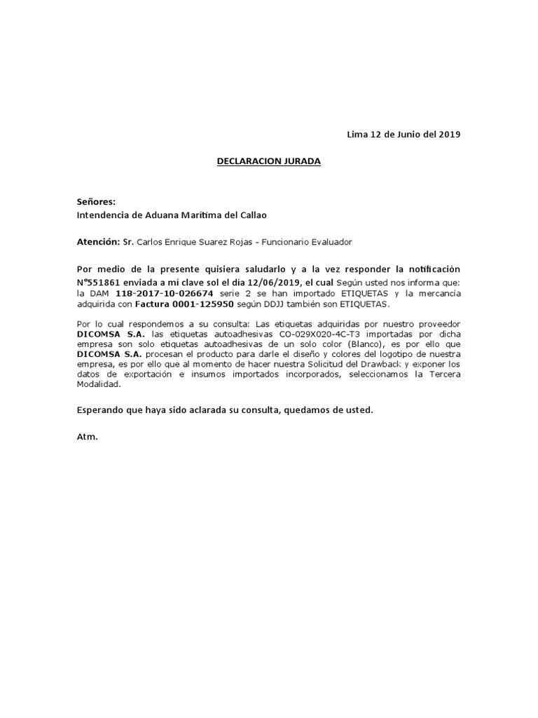 Carta A Aduana Pdf