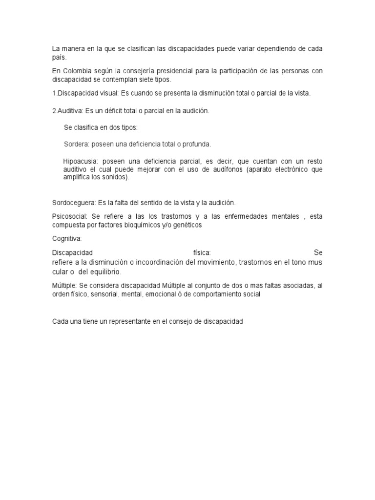 Siete tipos de discapacidad en Colombia | PDF
