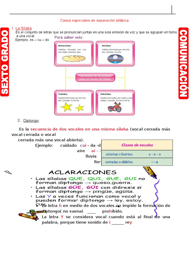 El Diptongo Hiato Y Triptongo Para Sexto Grado De Primaria Pdf Vocal Silaba