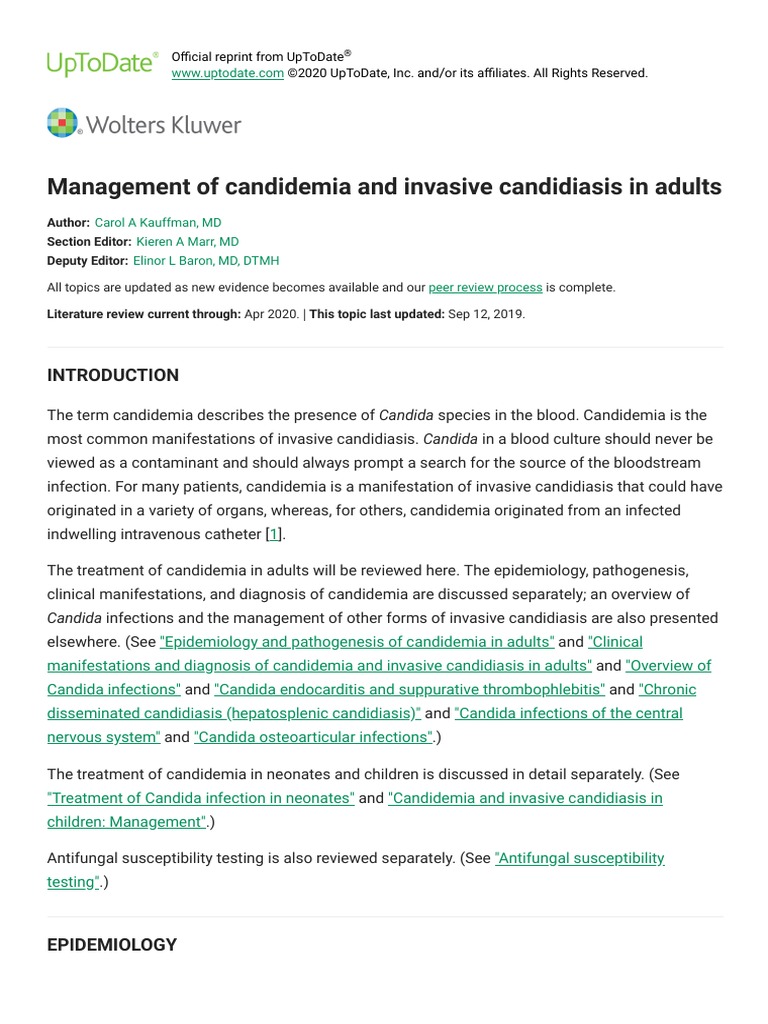 Management of Candidemia and Invasive Candidiasis in Adults UpToDate PDF Candidiasis