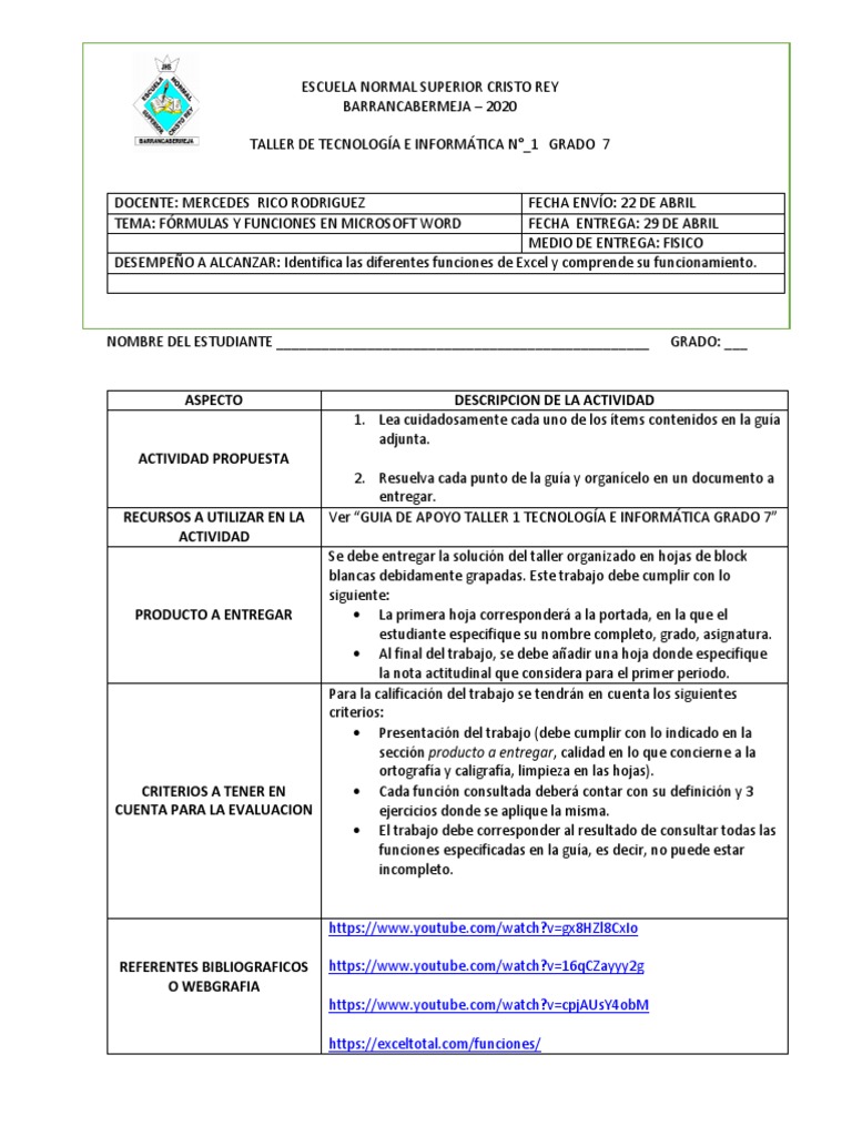 Taller de Excel para 7º Grado | PDF | Microsoft Excel | Informática