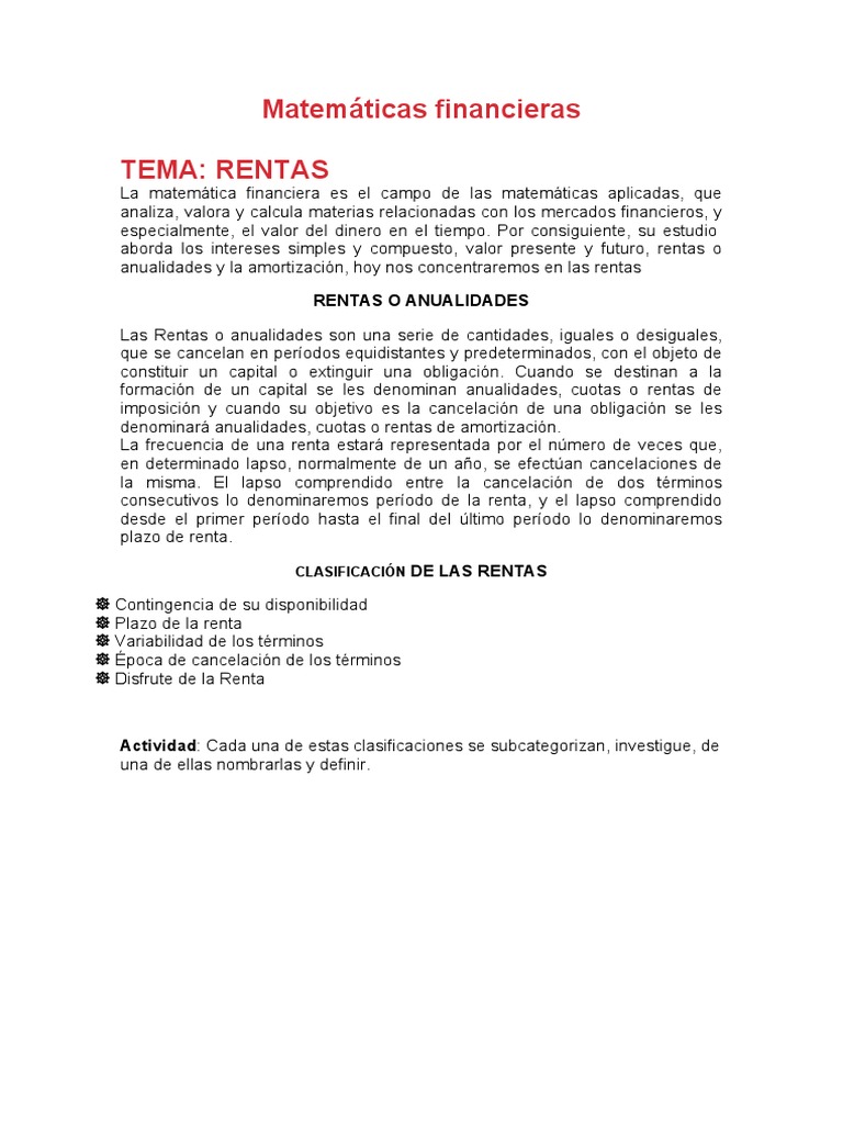 Matemáticas Financieras Rentas | PDF | Finanzas y dinero