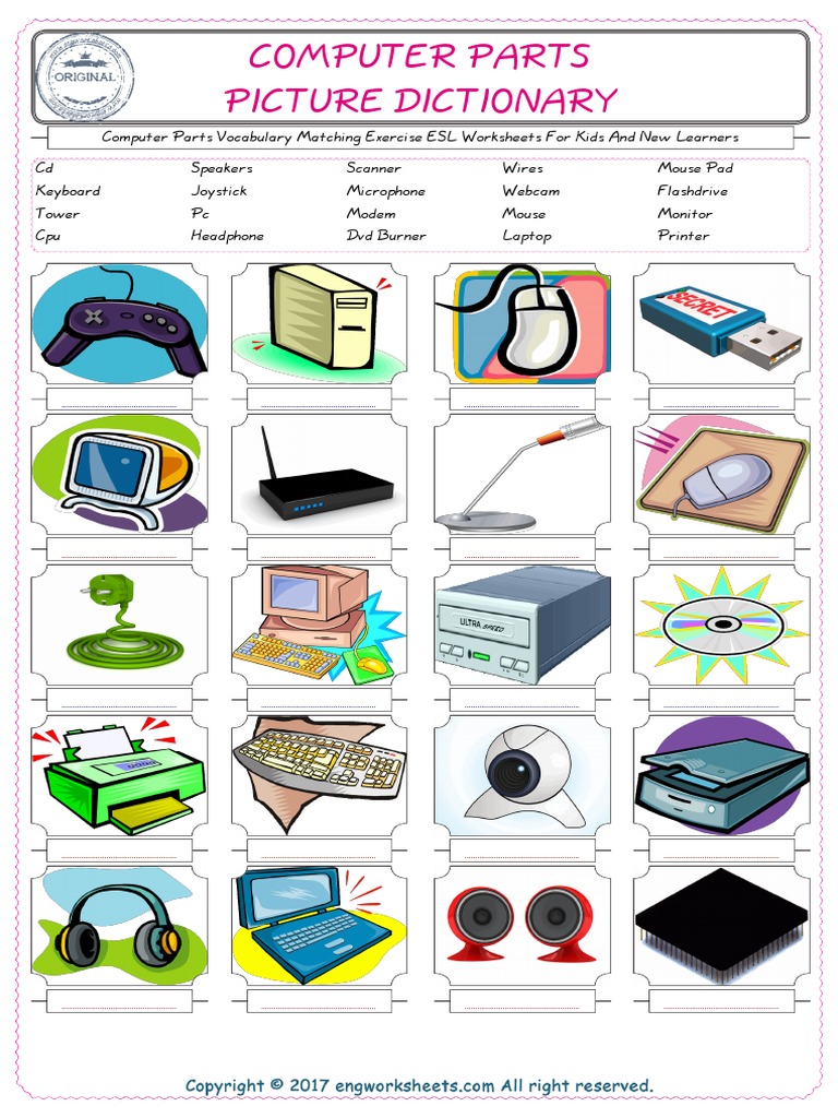 Computer Parts Vocabulary Matching Exercise ESL Worksheets For Kids and