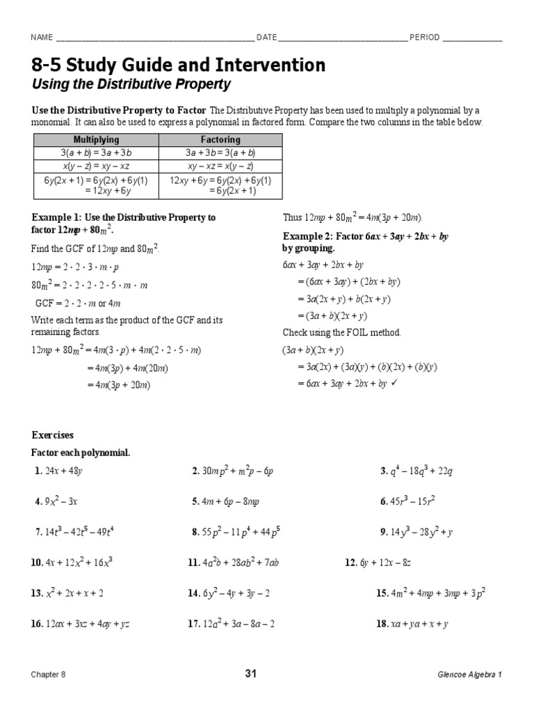 Study Guide and Intervention Using The Distributive Property  PDF Throughout Factoring Distributive Property Worksheet