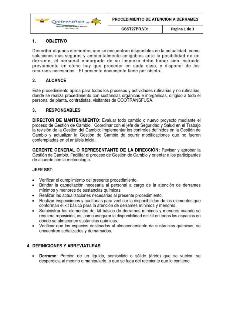 Procedimiento para Atención de Derrames | PDF | Residuos | Salud y ...