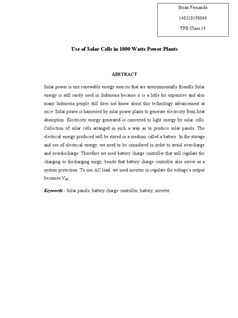 Use of Solar Cells in 1000 Watts Power Plants Keywords Solar Panels