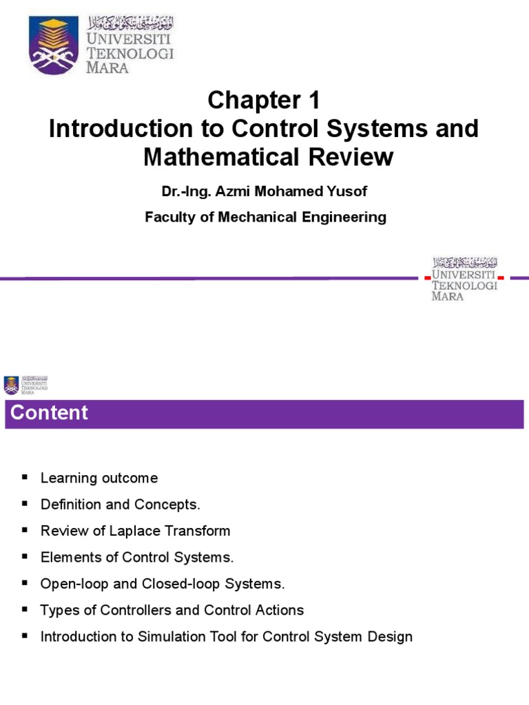 Introduction To Control Systems and Mathematical Review: Dr.-Ing. Azmi ...