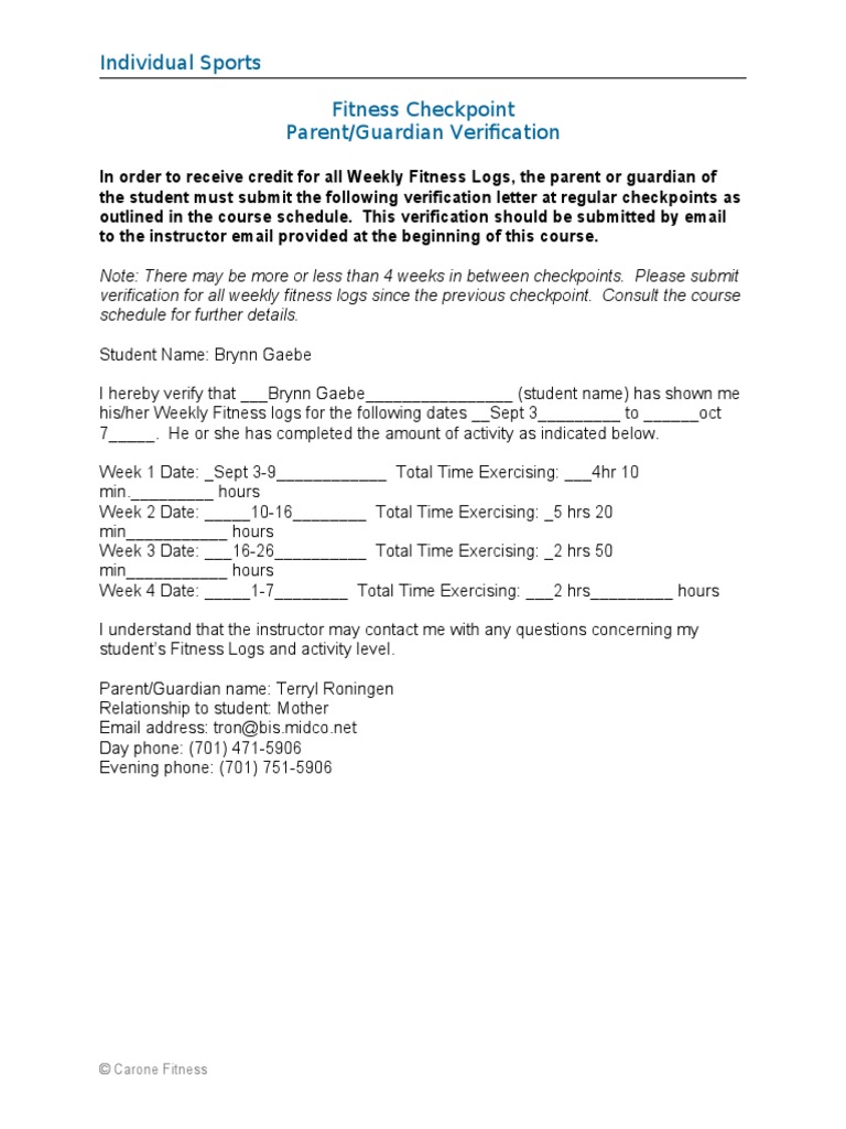 Individual Sports Fitness Checkpoint Parent/Guardian Verification | PDF