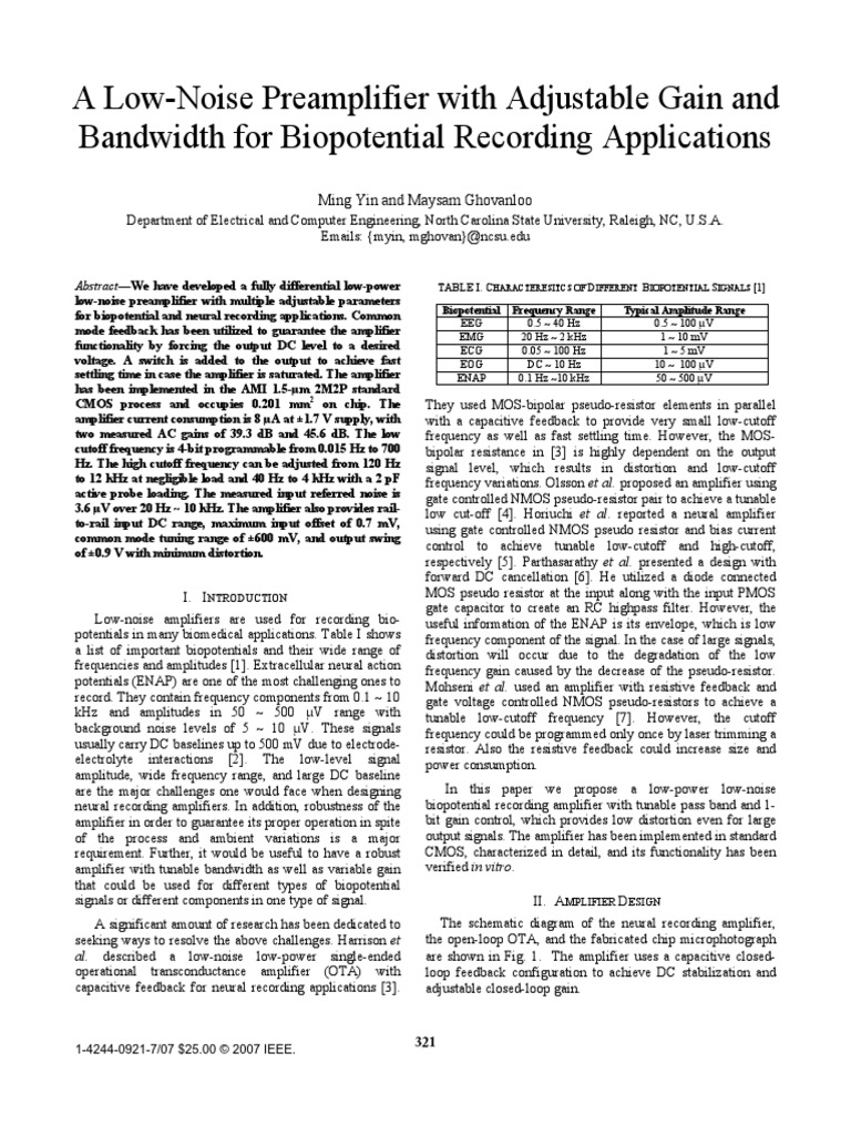 2007A LowNoise Preamplifier With Adjustable Gain and Bandwidth For